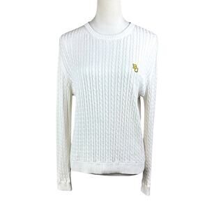Lady Vesi Baylor BU Embroidered Silk Cotton Blend Long Sleeve Cable Knit Sweater